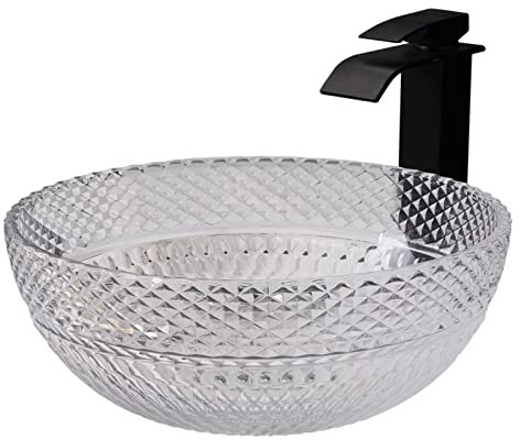 Lavabo de recipiente de baño Lavabo de recipiente de vidrio Lavabo de baño Redondo Lavabo de recipiente transparente Lavabo de tocador de baño Tapas de lavabo con grifo de cascada, combo de drenaje