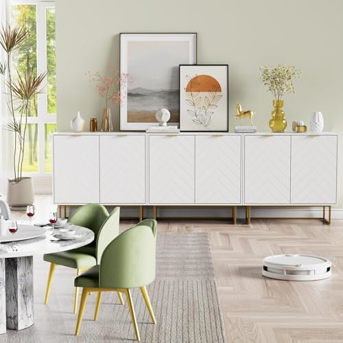 UEV Lot de 3 Buffet Bas Scandinave, Armoire de Rangement avec 2 Portes, avec Étagère Réglable à 3 Positions, Manche et Pieds en Métal Couleur Doré, pour Salon, Chambre, 80 x 40 x 77,5 cm (Blanc)