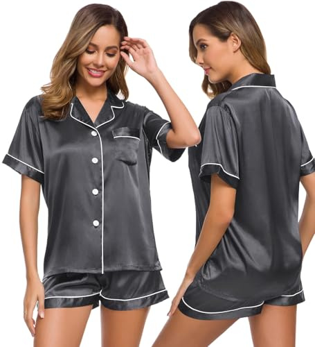 SWOMOG Pyjamas for Women Silk Satin Pyjama Bride Pjs Set Two Piece Pj Sets Button Down Sleepwear Loungewear Dark Silver