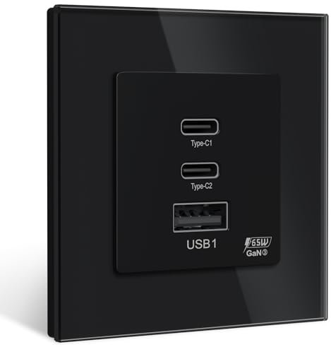 BSEED Chargeur USB Encastrée, Chargeur GaN 65W avec 2 x USB C/1 x USB A Chargeur USB pour Appareils Électroniques/Smartphones/Tablettes, Prise Murale, Noir