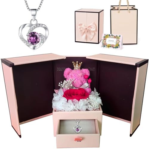Ewige Rosen mit Halskette, Konservierte Rosen mit Herz Halskette, Romantisches Geschenk für Valentinstag Muttertag Jahrestag Geburtstag Geschenke für Mutter Ehefrau Schwester
