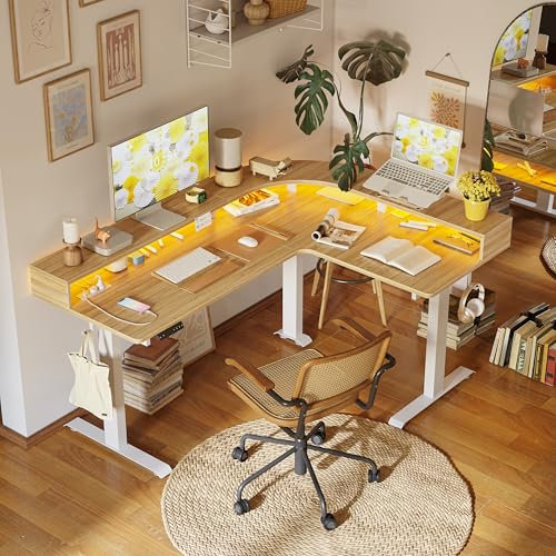 FEZIBO Triple Motor L Shaped Stadning Desk with LED Strip & Power Outrlets,160 cm Height Adjustable Stand up Corner Desk with Ergonomic Monitor Stand, White Frame/Oak Top