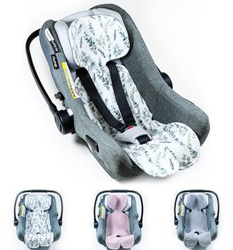 Atmungsaktive Sitzauflage für Babyschale Kinderautositz Kinderwagen Antischwitz, universal Gruppe 0+ (0-13kg) Gruppe I (9-18kg) 100% BAUMWOLLE EUKALYPTUS, Sitzeinlage Einlage Babyschale