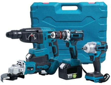 GrecoShop Kit Utensili a Batteria 4 in 1 88V: Trapano Avvitatore a Percussione, Smerigliatrice Flex Angolare, Martello Tassellatore SDS-PLUS, Avvitatore Svita Bulloni Svitabulloni Impulsi + 2 Batterie