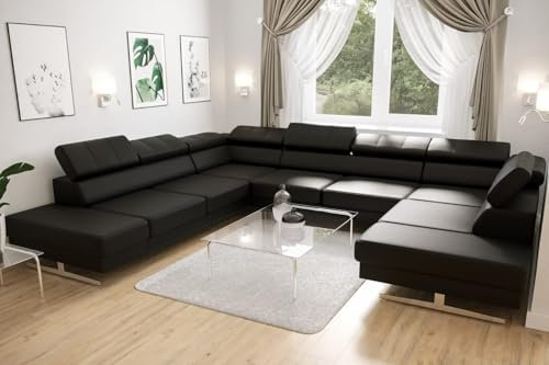 Friderik Ecksofa Emporio MAX I Ledersofa 300X350X220 cm verstellbare Kopfstützen Silberne Beine (Schwarz, Links)