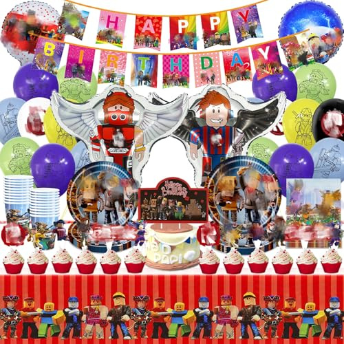 99 Stück Geburtstagsdeko，Geburtstag Geschirr Set Kindergeburtstag Party Deko Enthält Geburtstag Banner, Luftballons, Becher, Servietten, Tischdecke, Kuchen Deko, Tableware Balloons