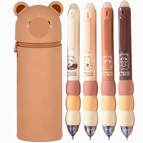 Beinup Kawaii Federmäppchen Bär, 2 in 1 Silikon, 4PCS Löschbarer Gelschreiber, Stand Up, für Schule & Office, Federmäppchen für Jungen & Mädchen