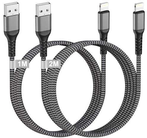 Cable iPhone 1M+2M [Certifiés MFi], Câble USB vers Lightning Nylon Charge Rapide pour iPhone 14/13/12/11/X/8/7, iPad, AirPods