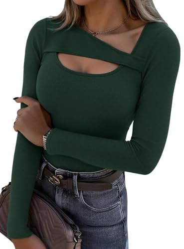 Aottori Long Sleeve Tops Women Ribbed Cutout Neck Shirts Ladies Basic Fitted Jumpers Sexy Plain Base Layer Underwear Pullover Tunic Tee Shirt Green S