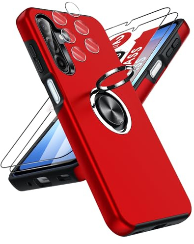 LeYi for Samsung Galaxy A17 Phone Case with 2 Screen and 2 Lens Protector | Invisible Metal Ring Stand Holder Shockproof Protective Mobile Cover for A 17 4G/5G - Red
