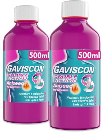 Gaviscon Double Action Aniseed Liquid 500ml, Pack of 2 x 500ml - Heartburn, Indigestion, Stomach Pain, Acid Reflux Relief, Digestive Health, Long-Lasting Antacid, Pregnancy Safe