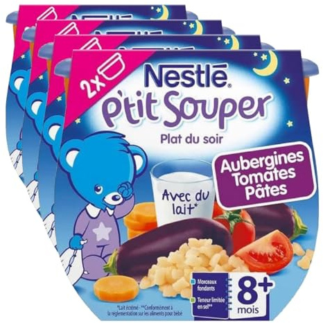 Nestlé Bébé - P'tit Souper Aubergines Tomates Pâtes - Plat Légumes et féculents dès 8 mois - 2 x 200g