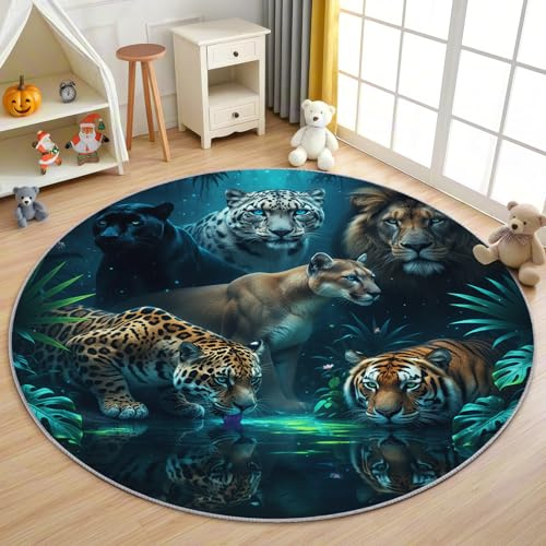 AevuCub Wilde Tiere Teppich Rund 90 cm Kurzflor - Waschbare Teppiche Wohnzimmer Tiger Leopard Löwe Panther Tiermotiv - Runder Teppich 90 Durchmesser Kinderzimmer - Bettvorleger rutschfest Weich