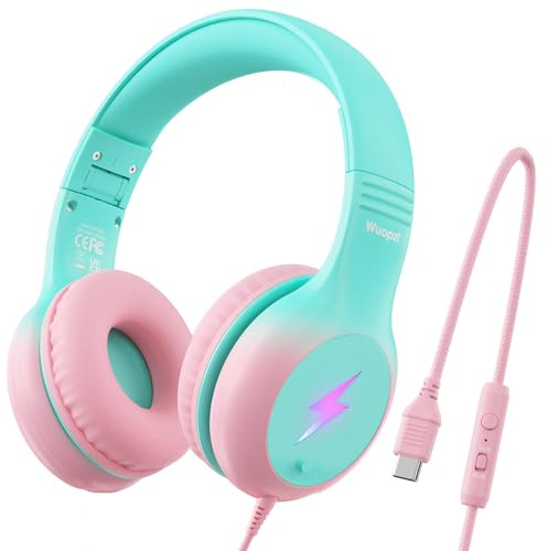Kids USB C Headphones for School, Safe Listening Wired Over-Ear Headphones | with LED Lights, Volume Limiter & Microphone, Foldable Design for iPhone 16 / 17, iPad, Tablet