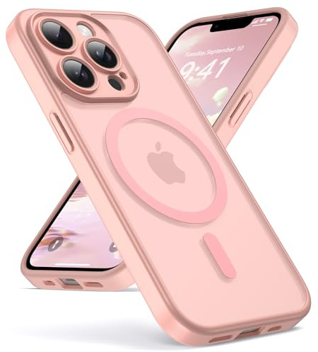 Oududianzi - Magnétique Coque pour iPhone 13 Pro Max Magsafe, Rose | Housse de Arrière Translucide Givrée PC, TPU Silicone Bumper Étui Protection Antichoc Militaire Anti-Empreintes