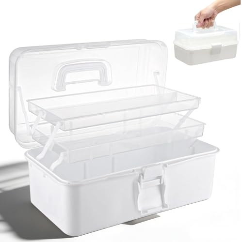 JSUOEO 3 Layer Multipurpose Storage Box, 27.5x17x13cm Craft Sewing Organiser Boxes Plastic Tool Case with handle for Hair Accessories Art Supply Makeup (White)