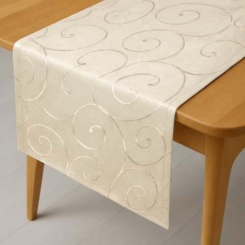 DecoHomeTextil Kringel Tischdecke Eckig 40 x 140 cm Champagner | schwere Qualtität, glänzend, Ornamente, Damast Tafeldecke