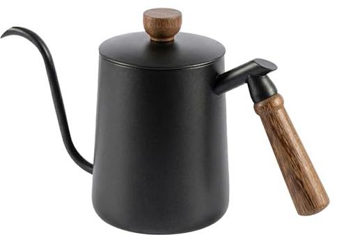 600ml Stainless Steel Gooseneck Kettle for Pour Over Coffee, Precision Drip Coffee Pot with Long Spout, Wooden Handle, Barista Coffee Brewing Kettle for Home & Café (Black)