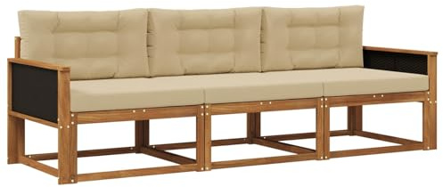 vidaXL Outdoor-Sofagarnitur mit Kissen 3 pcs Natur und Beige, Akazienholz Sofa Set für draußen, modernes Loungemöbel, Flexibler Gartenplatz, wetterfeste Einrichtung