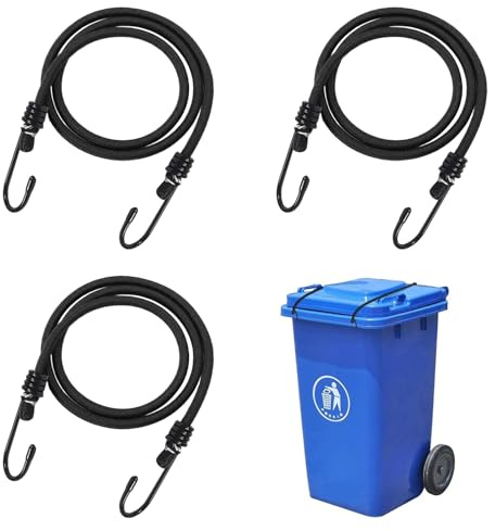 Wheelie Bin Lock UK – No Drilling Required, Heavy Duty Wheelie Bin Straps for High Winds, Bin Lid Locks Prevent Tipping & Animals Rummaging, Pack of 3 with Bungee Cords & Hooks