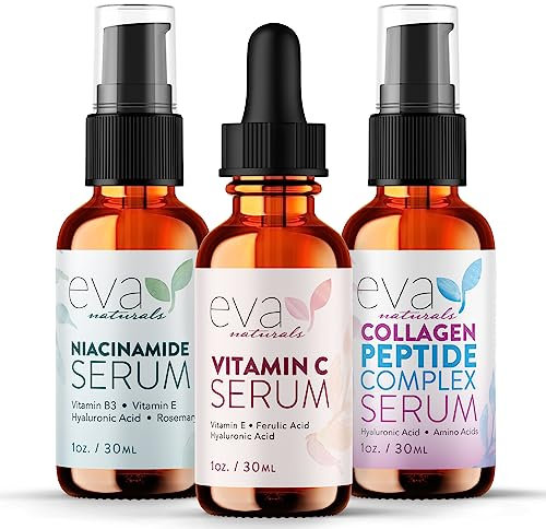 Eva Naturals Natural Firm & Glow Gesichtsserum – 3er-Set mit 20% Vitamin-C-Serum, Peptid-Komplex-Serum, Niacinamid-Vitamin-B3-Serum – Aufhellung des Teints und Faltenglättung