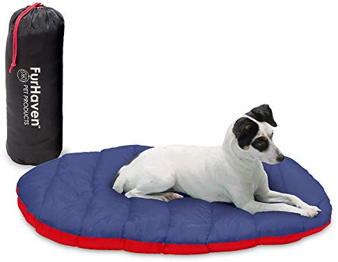 Furhaven Small Dog Bed Trail Pup Travel Pillow Mat w/Stuff Sack, Washable - Flame Red/True Blue, Small