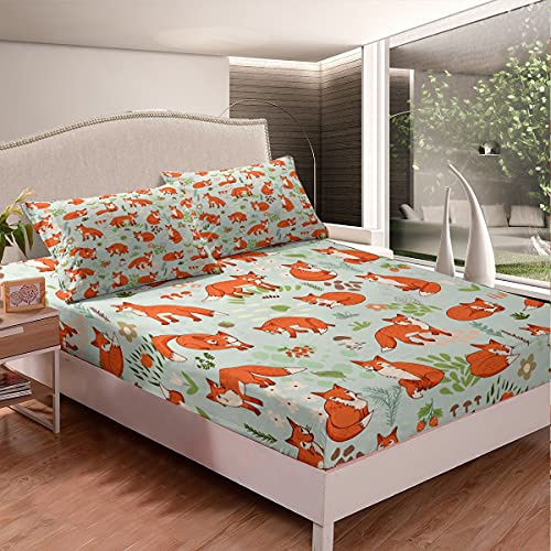 Fuchs Spannbetttuch Jungen Mädchen Niedlichn Karikatur Waldfuchs Spannbettlaken 90x200cm Für Kinder Jugendliche Ultra weich Kawaii Pilz Tier Bettlaken Set Natur Zimmer Dekor