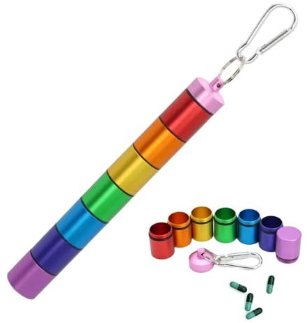 TSKDKIT Metal Pill Box 7 Day Waterproof Pill Box Organizer Weekly Keyring Pill Holder with Carabiner Portable Pill Organiser 7 Day Capsules Pill Container for Outdoor Travel(Colour)