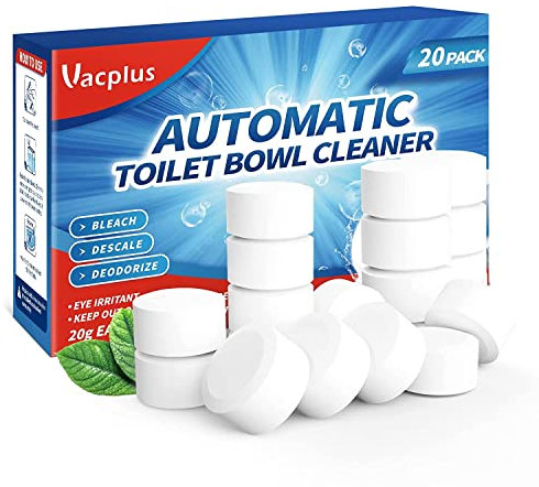 Vacplus Lot de 20 tablettes nettoyantes automatiques avec eau de Javel, réservoir à libération lente pour désodoriser et détartrer, ménage contre les taches tenaces blanches, 0,4 kg