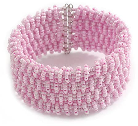 Avalaya Fancy Light Pink Glass Bead Flex Cuff Bracelet - Adjustable