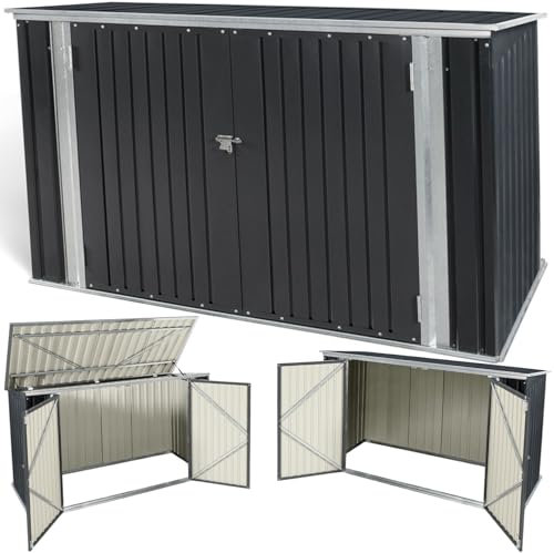 TERRE JARDIN Gartenhaus mit Doppeltür, Aufbewahrungsbox aus grauem verzinktem Stahl, Metallbox für Fahrräder und Werkzeuge, Mülltonnenabdeckung mit Schiebedach, 210 x 130 x 105 cm