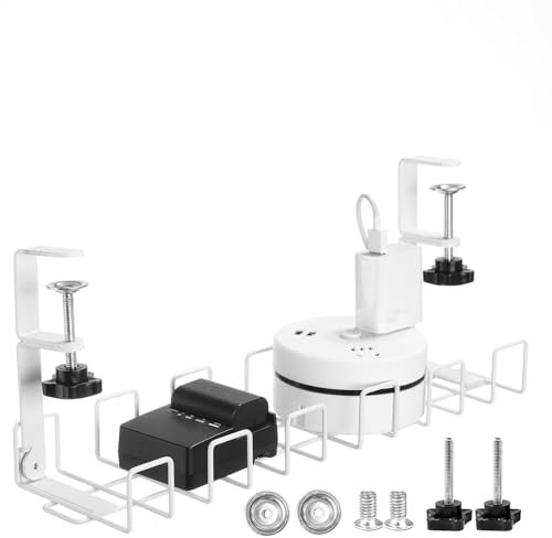 Cable Management Under Desk Tray No Drill, Cable Tidy Rack for Desk Organisation Fits Most Tables Under Desk Wire Cable Organiser for Office and Home Electric Standing Desk -White