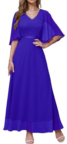 DRESSTELLS Abendkleid Damen Festlich Spitzenkleid für Hochzeit Chiffon Cape Ärmel Ballkleid Elegant Lang Brautkleid Standesamt Partykleid mit V-Rücken Royalblue XL