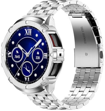 HASLFM Armband Kompatibel für Samsung Galaxy Watch 6/5/4 44mm, Robustes Edelstahl Metall Armband mit Gehäuse für Männer, Silber