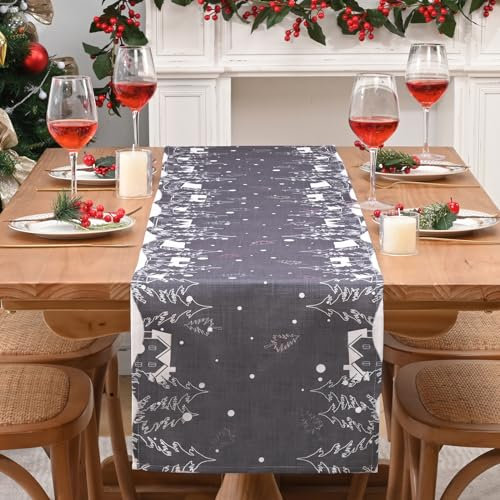 Yugarlibi Weihnachten Tischläufer Grau, Zeder Wasserdicht Tischläufer Modern, Schnee Haus Leinen Look Waschbar Tisch Läufer für Winter Esstisch Küche Urlaub 35x183cm