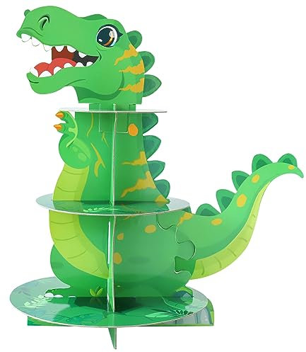 Soleebee Alzata per Torte in Cartone - 3 Ripiani, Supporto per Cupcake, Muffin e Dolci - Torre per Matrimoni, Compleanni, Feste - Accessorio per Panini (Dinosauro, 1 Pezzo)