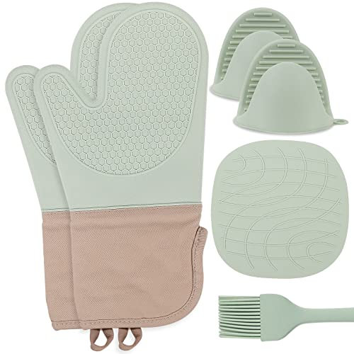 Ofenhandschuhe Topfhandschuhe Anti-Rutsch mit Hitzebeständige Backhandschuhe - 6er Set Kochhandschuhe Topflappen Silikon Hitzebest Geeignet Küchenhandschuhe für Kochen Backen Grillen(Mintgrün)