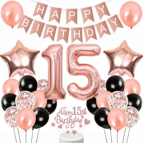 Conruich Decorazione Compleanno 15 anni Ragazza: Oro Rosa, Nero, Palloncini, Striscione, Decorazioni per Torta