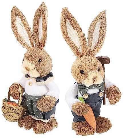 MAGICLULU 2st Handgefertigter Hase Aus Stroh Osterhasen-Ornamente Frühlingsdeko Aus Stroh Geflochtener Hase Osterdeko Hasenfigur Hasengartenstatue Liebhaber Baumwolle Schreibtisch Karotte