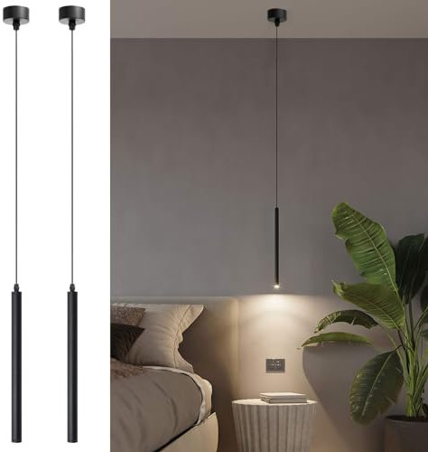 ACMHNC LED Pendelleuchte, 2 Stück Zylinder Hängelampe Schwarz für Schlafzimmer Nachttisch Wohnzimmer, Moderne Hängeleuchte 230V Pendellampe Höhenverstellbar, Warmweiß, 30cm