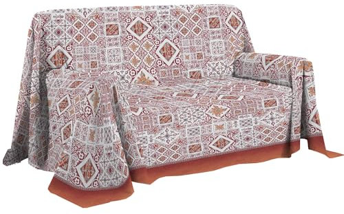 PENSIERI DELICATI Sofaüberwurf 180 x 290 cm, hergestellt in Italien, Überwurf aus 100% Reiner Baumwolle, Motiv Majolika, rot, ideal als Überwurf oder Tagesdecke für den Sommer (Einzelbett)