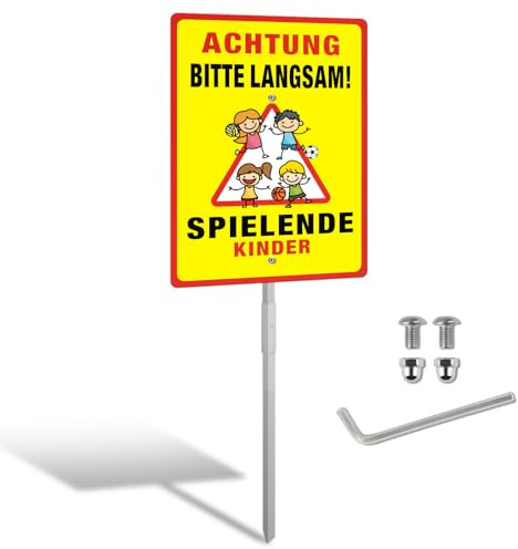 SINMAO Aluminium Achtung Spielende Kinder Schild XXL 35x25cm mit Pfosten Reflektierend, Vorsicht Kinder Schild Metall