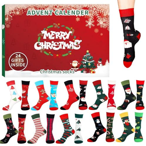 24 Tage Socken, Weihnachtssocken Adventskalender, Damen Weihnachtssocken, 24 Days of Advent Box-Socken mit Verschiedenen Weihnachtsmustern Für Erwachsene, Kinder, Mädchen