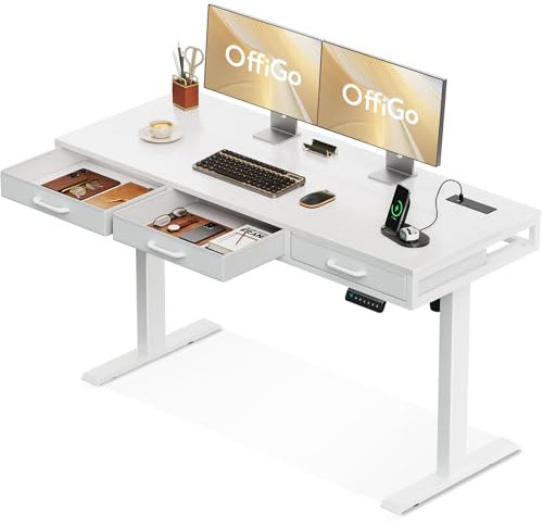 OffiGo Electric Standing Desk with 3 Drawers, 140cm Height Adjustable Desk with Sockets, Sit Stand Rising Computer Table for Home Office, White