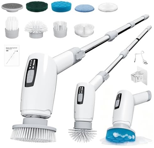 Cleangor Electric Spin Scrubber, Cordless Cleaning Brush Shower Scrubber with 9 Replaceable Brush Heads 3 Speeds Extension Handle for Bathroom, Shower, Bathtub, Floor, Tile, Kitchen, Pool(1, White)