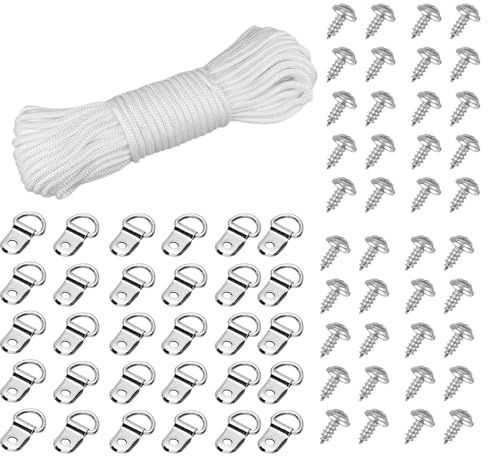 30M x 2.5mm Picture Hanging Cord, White Strong Nylon Picture Cord, Picture-Frame Hanging Cord String with 30 D-Ring Hooks and 40 Screws for Picture-Photo Frame-Hanging Decoration
