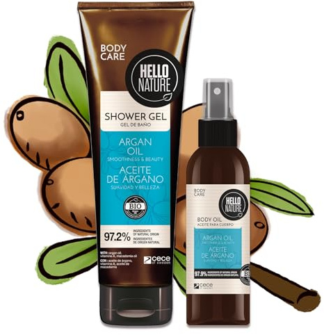Naturkosmetik Arganöl Körperpflege Set - Duschgel & Body Öl mit marokkanischem Arganöl, vegan & Silikonfrei - Feuchtigkeitsspendende Hautpflege mit Glow Effekt - Pflege für trockene Haut