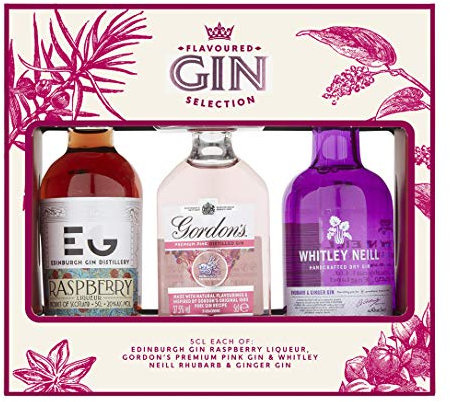 The Flavoured Gin Selection, by Blue Tree Gifts, Includes 3x5cl Flavoured Gins, Whitley Neil Rhubarb and Ginger, Gordon's Premium Pink Gin, Edinburgh Gin Rasberry Liqueur, Gift for Gin Lovers