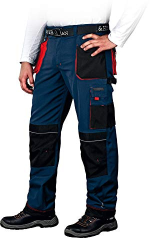 Leber&Hollman Arbeitshose für Herren - Sicherheitshose für Männer - mit Taschen für Kniepolster - Bundhose - Berufsbekleidung - Blau/Rot - Größe 54
