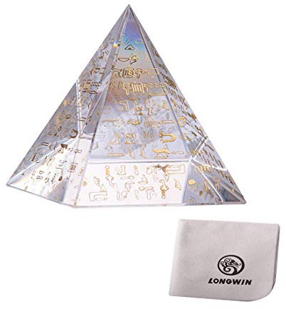 LONGWIN 80 mm Kristall-Pyramide, Prisma, Sammlerfigur, Glas, ägyptische Pyramide mit goldener Gravur, Briefbeschwerer für den Schreibtisch oder Zuhause, dekorative Ornamente
